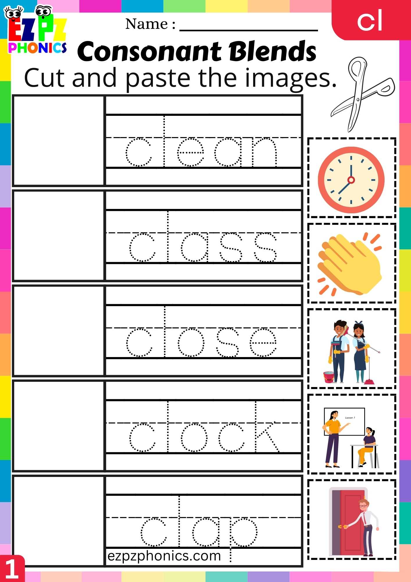 Group1 CL Words Cut And Paste The Images Phonics Consonant Blends Worksheet
